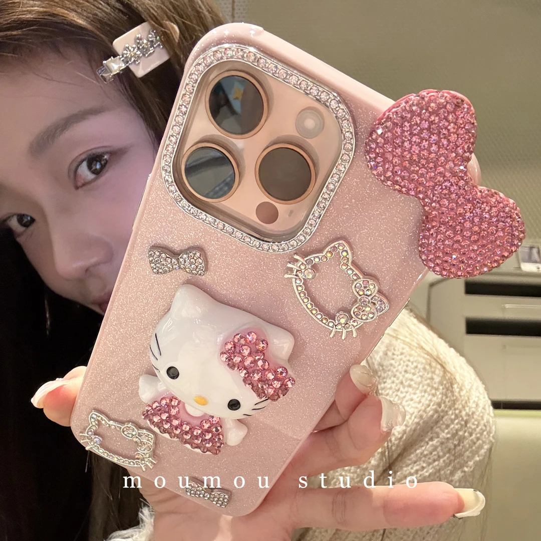 小众蝴蝶结KT适用iPhone16手机壳苹果13promax/15/14/17新款闪粉