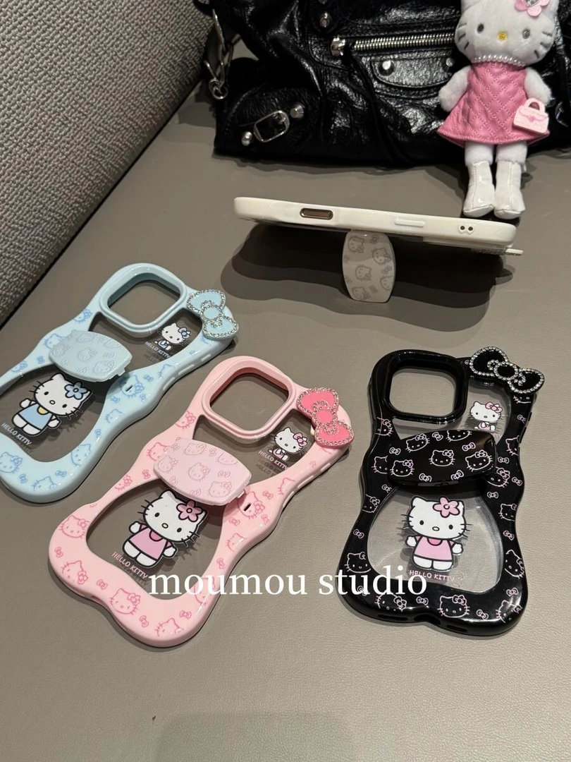 满屏可爱KT猫蝴蝶结支架壳适用苹果16/15/14/13全包防摔手机壳