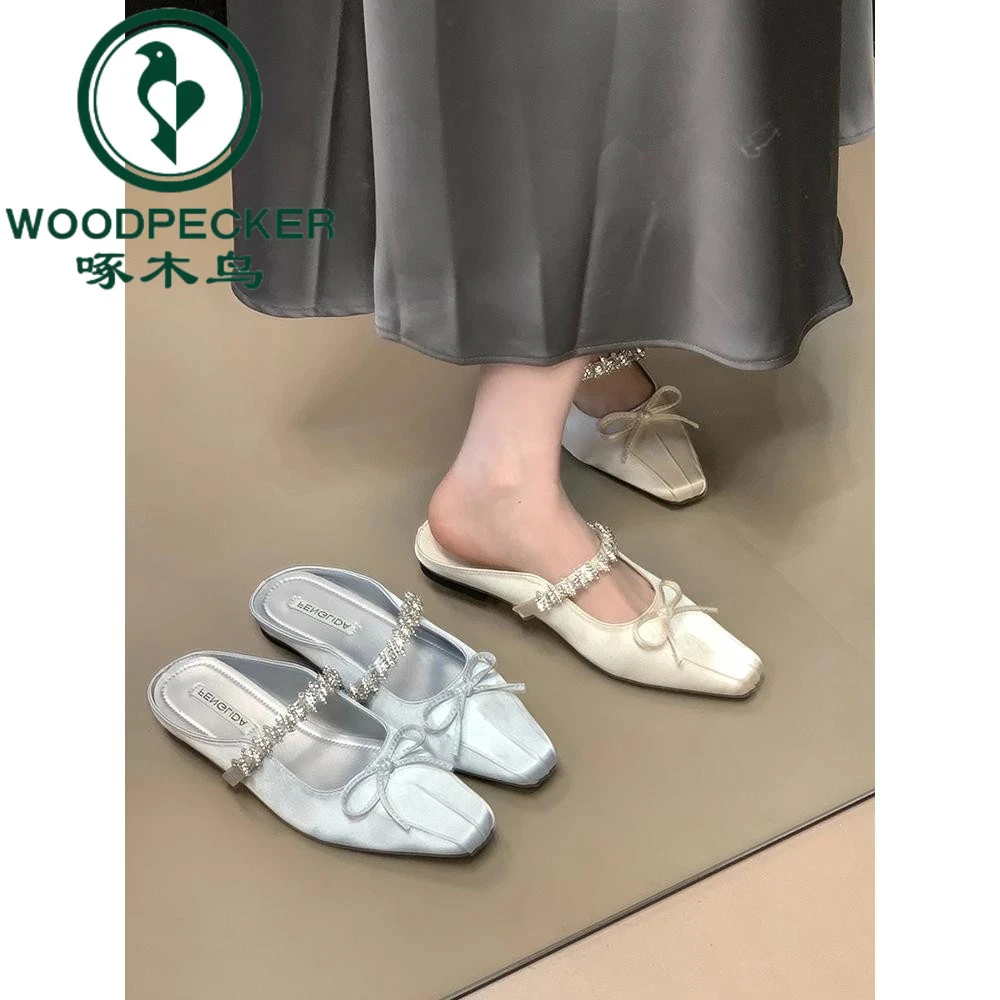 啄木鸟方头蝴蝶结水钻带懒人凉拖鞋女2025夏季新款玛丽珍包头半拖