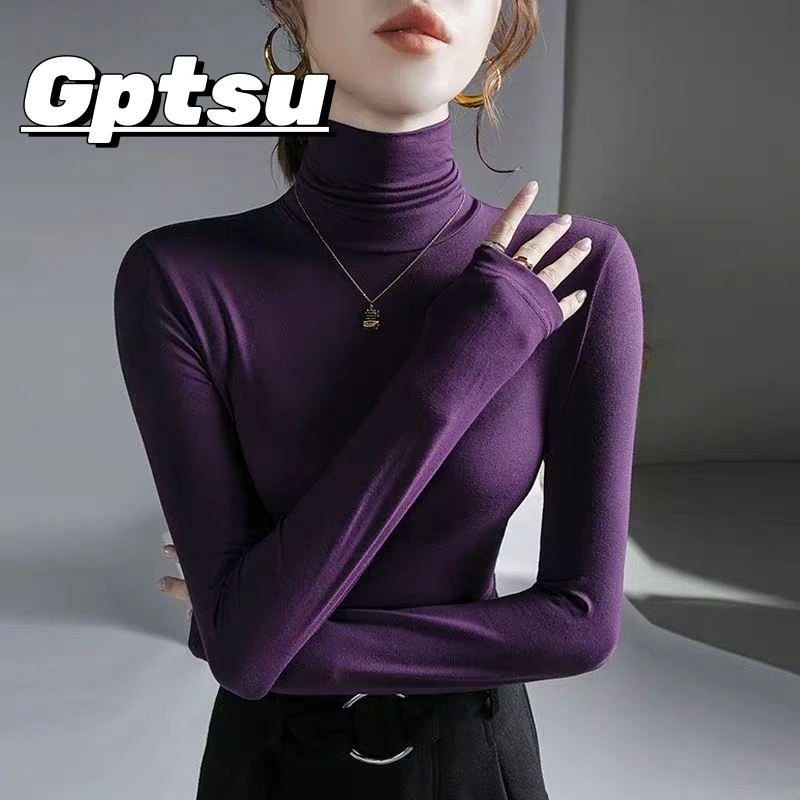 GPTSu高领显瘦长袖T恤女秋季新款弹力百搭修身内搭堆堆领打底衫