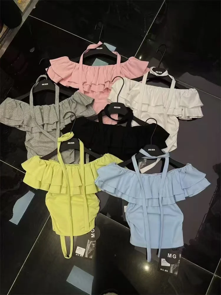 2025夏季新款韩版高级飘带一字肩双层荷叶边修身小衫女