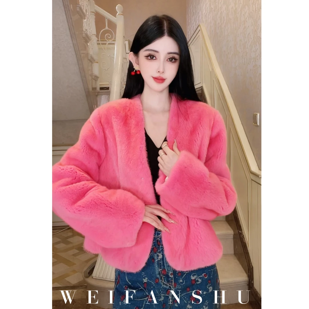 WEIFANSHU/魏凡舒【樱花恋人】冬季新款名媛梅洛粉减龄时尚水貂外套