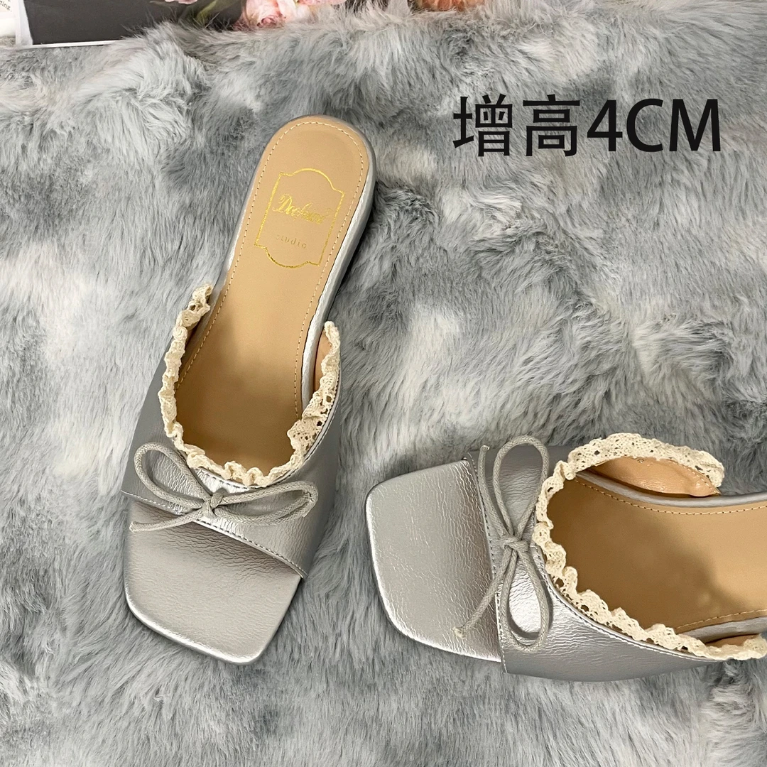 2025新款法式内增高4cm蝴蝶结蕾丝一字拖鞋女仙女风外穿凉拖鞋夏