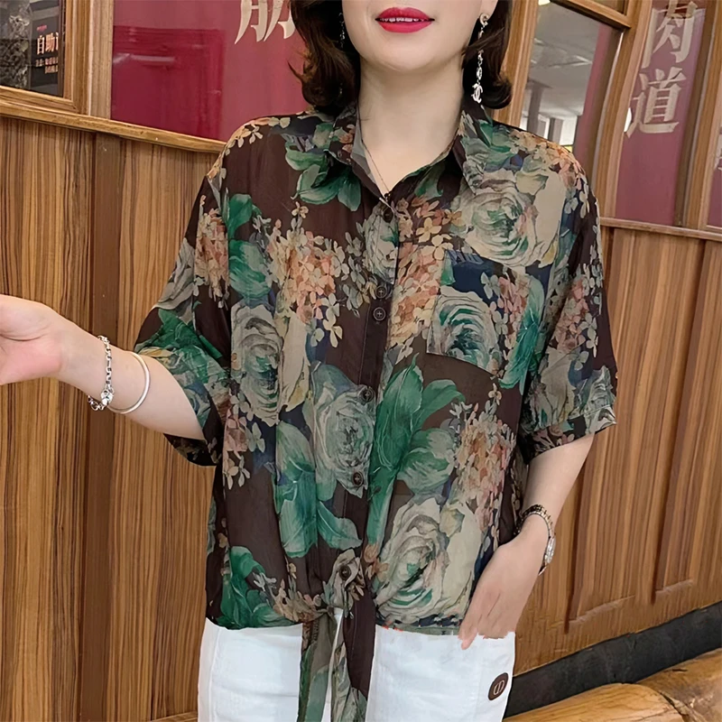 夏季洋气系带衬衫女气质翻领妈妈装W薄款遮肉防晒花色短袖上衣女