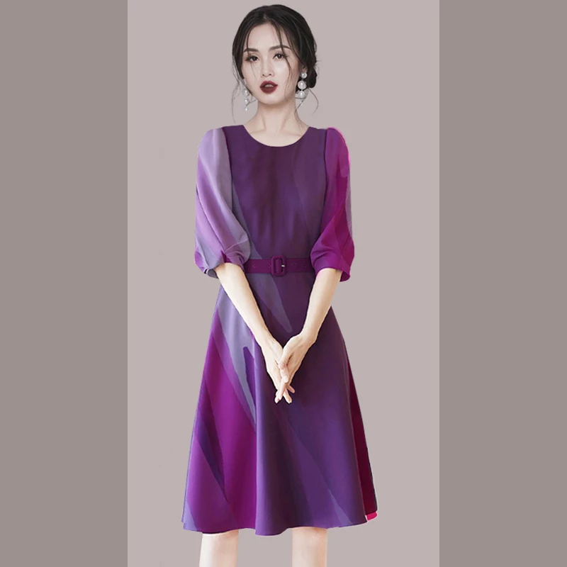 法式紫色印花七分袖连衣裙女装2025新款夏季修身中长裙子