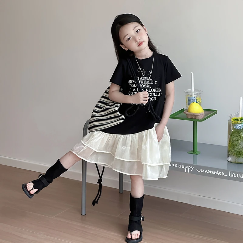 女孩洋气韩范衣服2025新款女童夏季时髦拼接连衣裙儿童网红亮钻裙