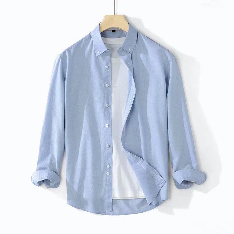 春夏新款男士亚麻长袖衬衫透气休闲上衣外搭男装棉麻衬衣男简约