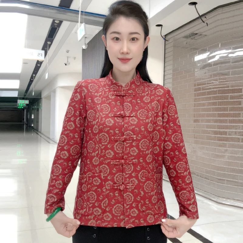 中国风气质加绒厚款印花中老年女装长袖新中式长袖宽松小衫外套