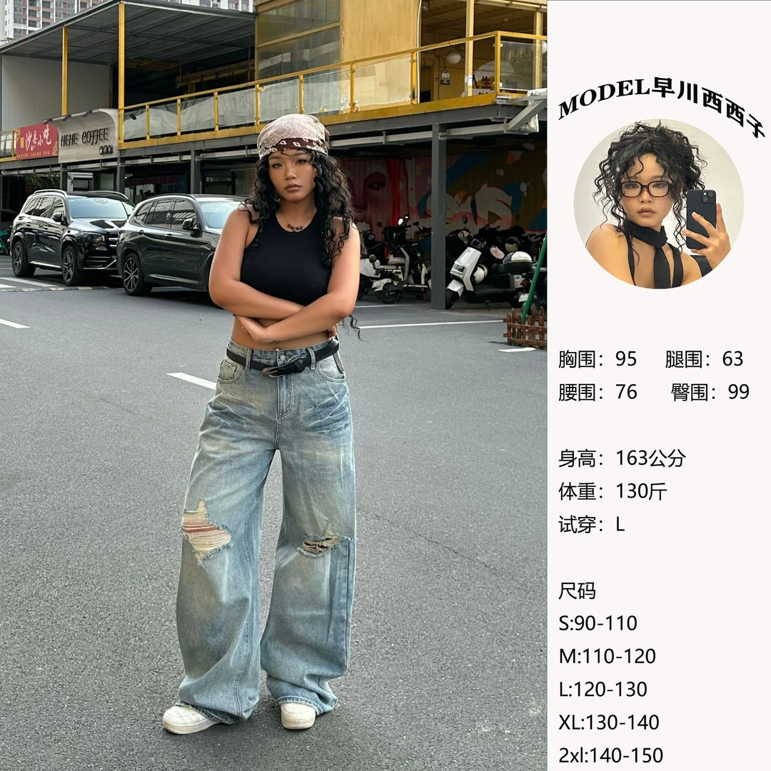 【刺绣牛仔破洞】三喜TripleX美式显瘦直筒牛仔裤夏季复古宽松
