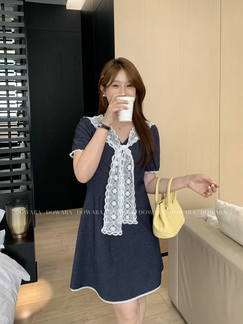 大婉酱肉肉微胖定制【文艺女孩】拼接蕾丝披肩泡泡袖连衣裙9690X