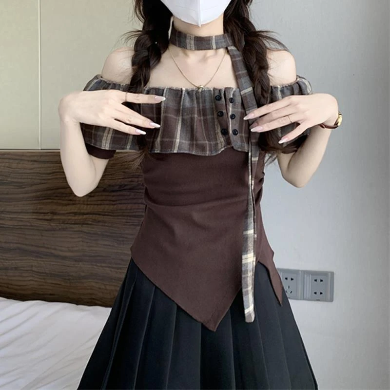 咖色荷叶边格纹拼接短袖T恤女装夏季新款修身气质收腰一字肩上衣