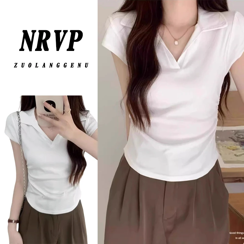 正肩polo领短袖t恤衫女小众抽褶高级感辣妹修身上衣夏季短款显瘦
