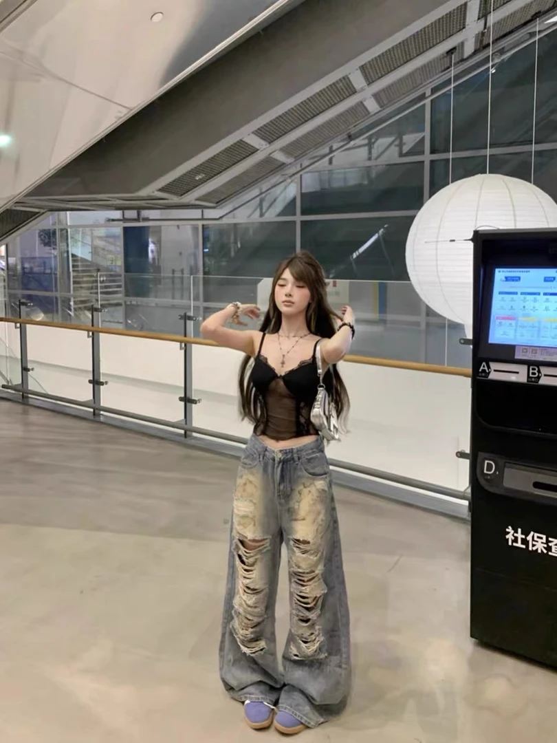 美式复古设计感破洞直筒牛仔裤女2026夏季新款高腰宽松拖地长裤子