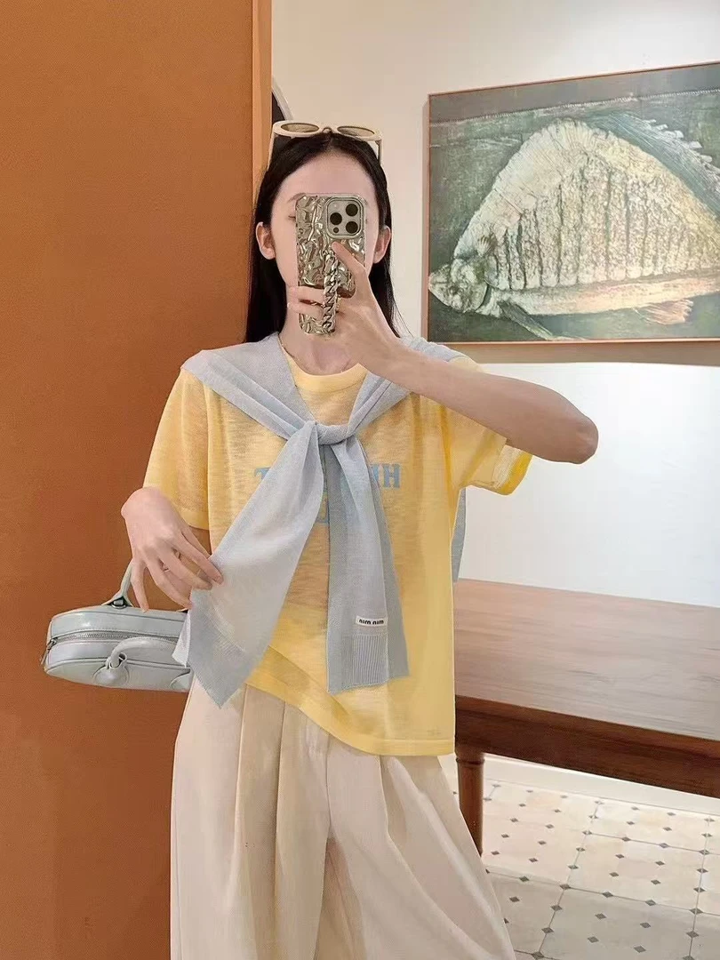 2025圆领宽松印花字母短袖T恤女两件撞色披肩时髦洋气女针织J1-68