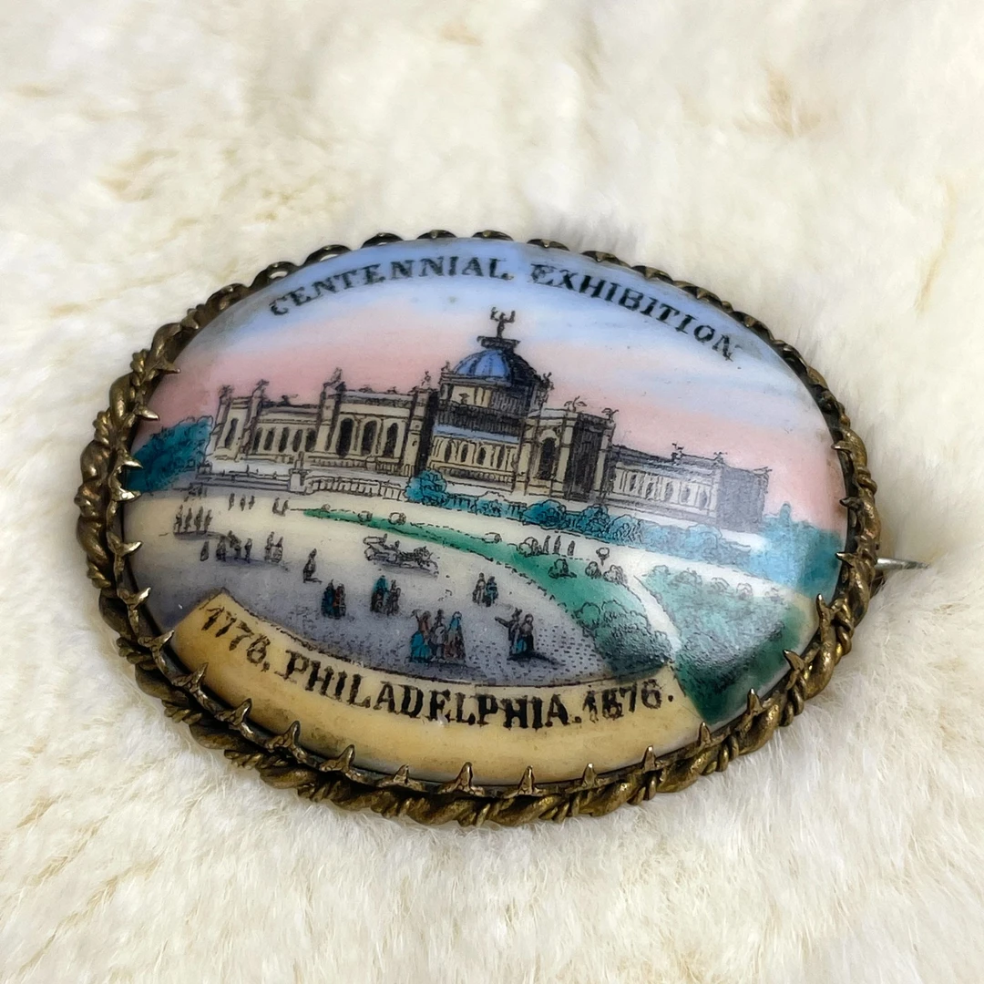 黄铜陶瓷胸针 瓷画纪念胸针中古vintage