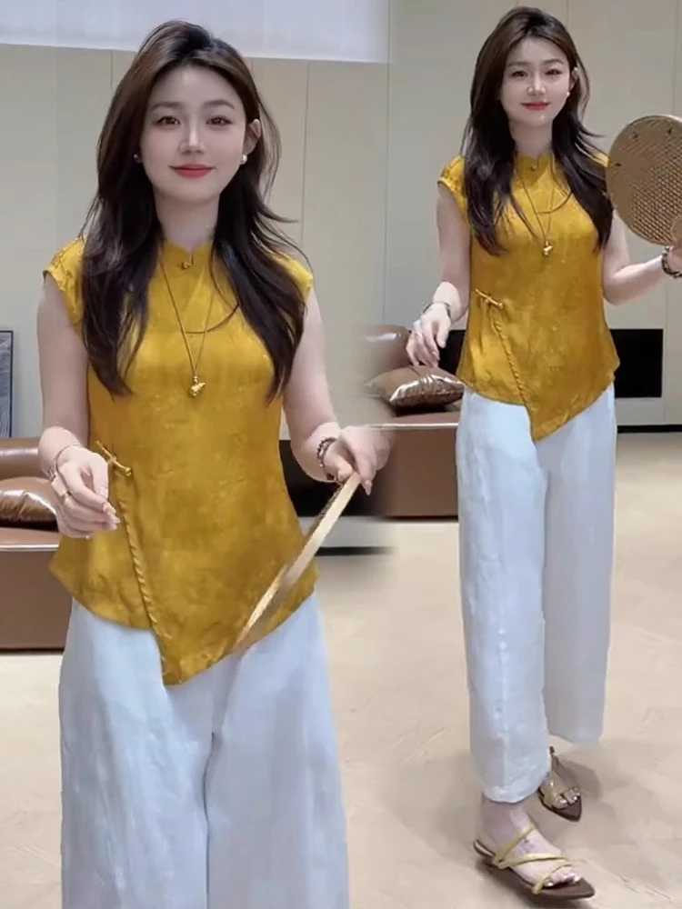 新中式国风套装女夏季新款洋气不规则盘扣短袖衬衫阔腿裤两件套潮