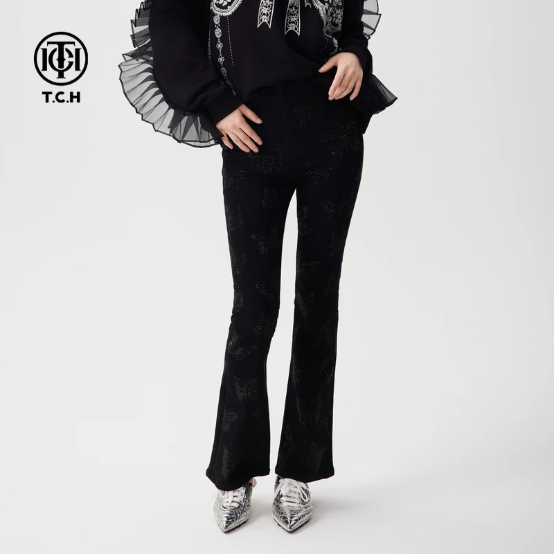 -TCH微喇叭牛仔裤女2025秋冬蝴蝶烫钻百搭喇叭裤T72C208005