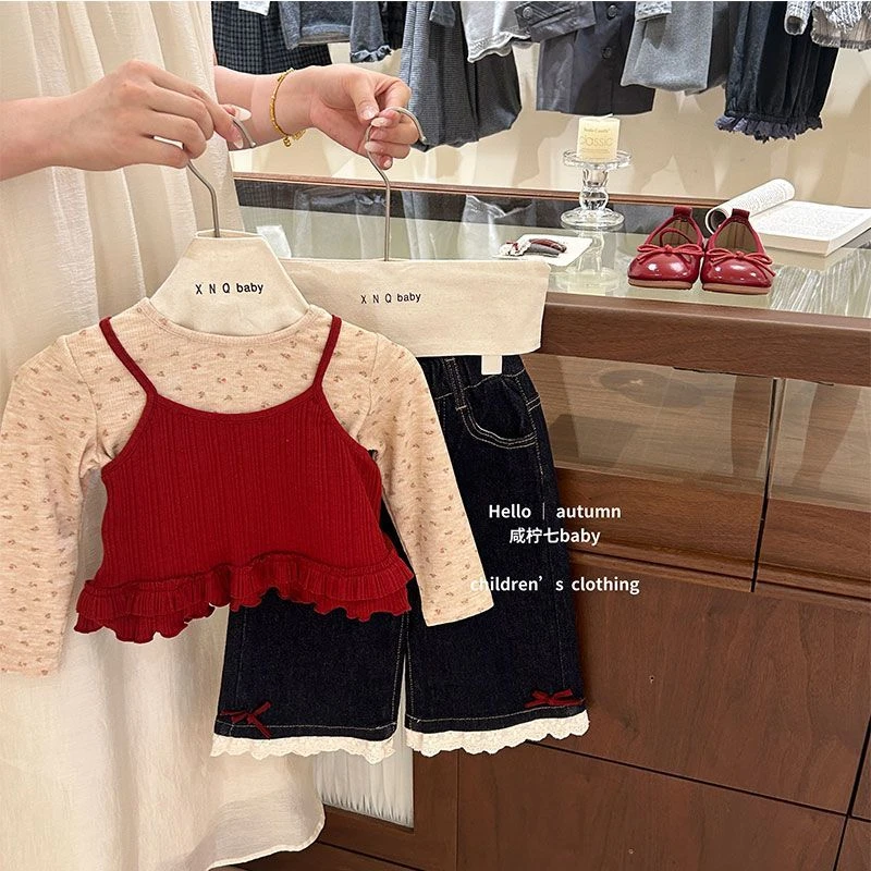 女童碎花长袖上衣吊带背心秋季套装韩版两件套阔腿裤