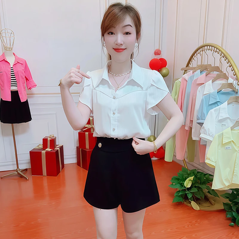 小个子设计感短袖衬衫女2025年夏季新款宽松遮肉荷花袖开衫上衣潮