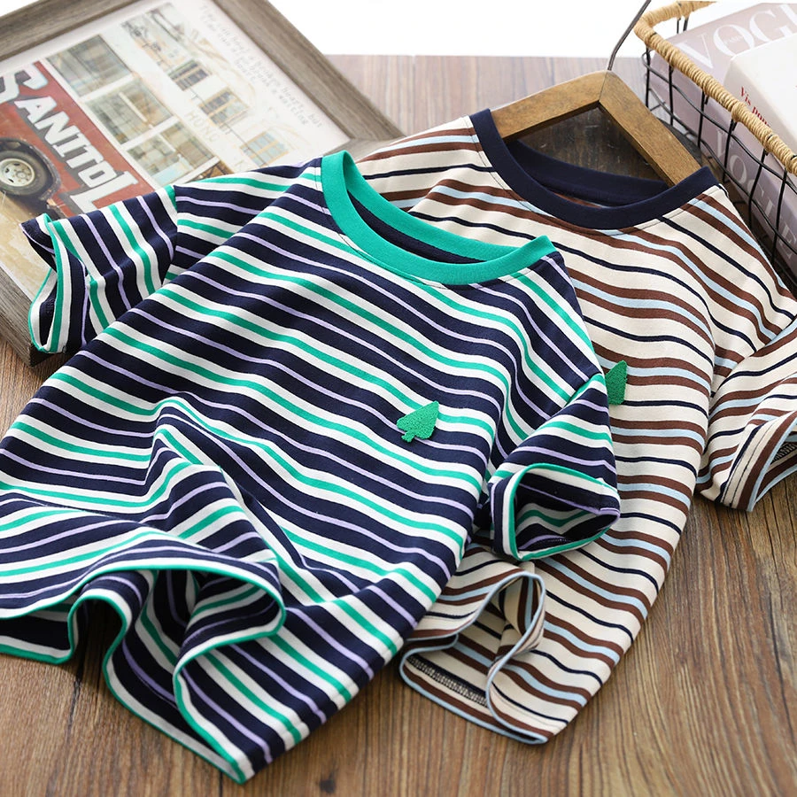 男童短袖T恤衫2025夏季新款儿童条纹薄款弹力汗衫中大童休闲体恤