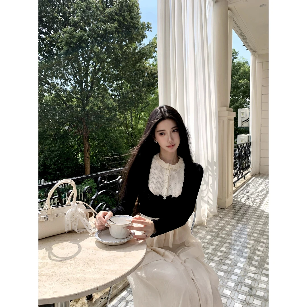 Barb Chill 千金感套装假两件拼接设计叠层针织毛衣/蕾丝花边半裙