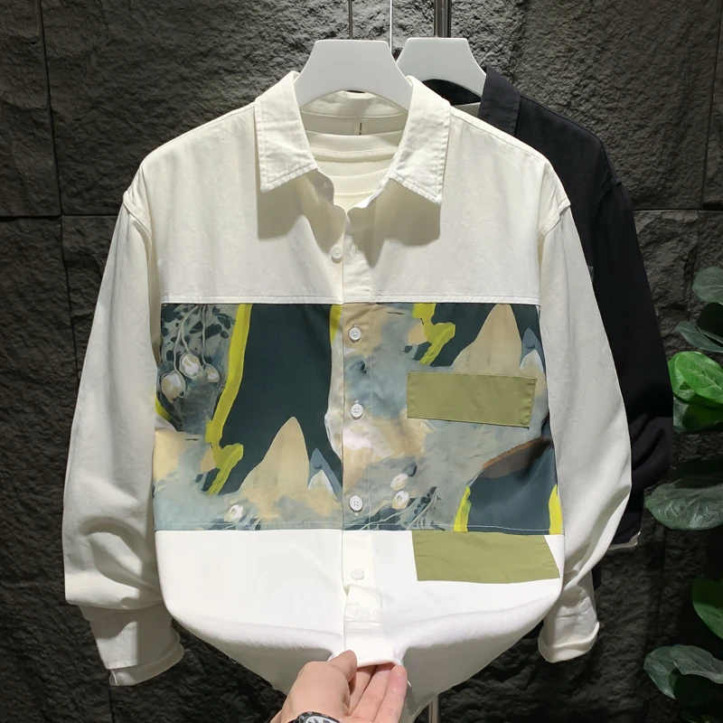 春秋2025新款痞帅长袖拼接休闲百搭衬衫男士时尚潮流印花衬衣