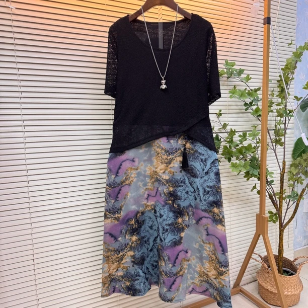 新中式复古优雅气质休闲洋气两件套连衣裙外披套装中长款宽松大码