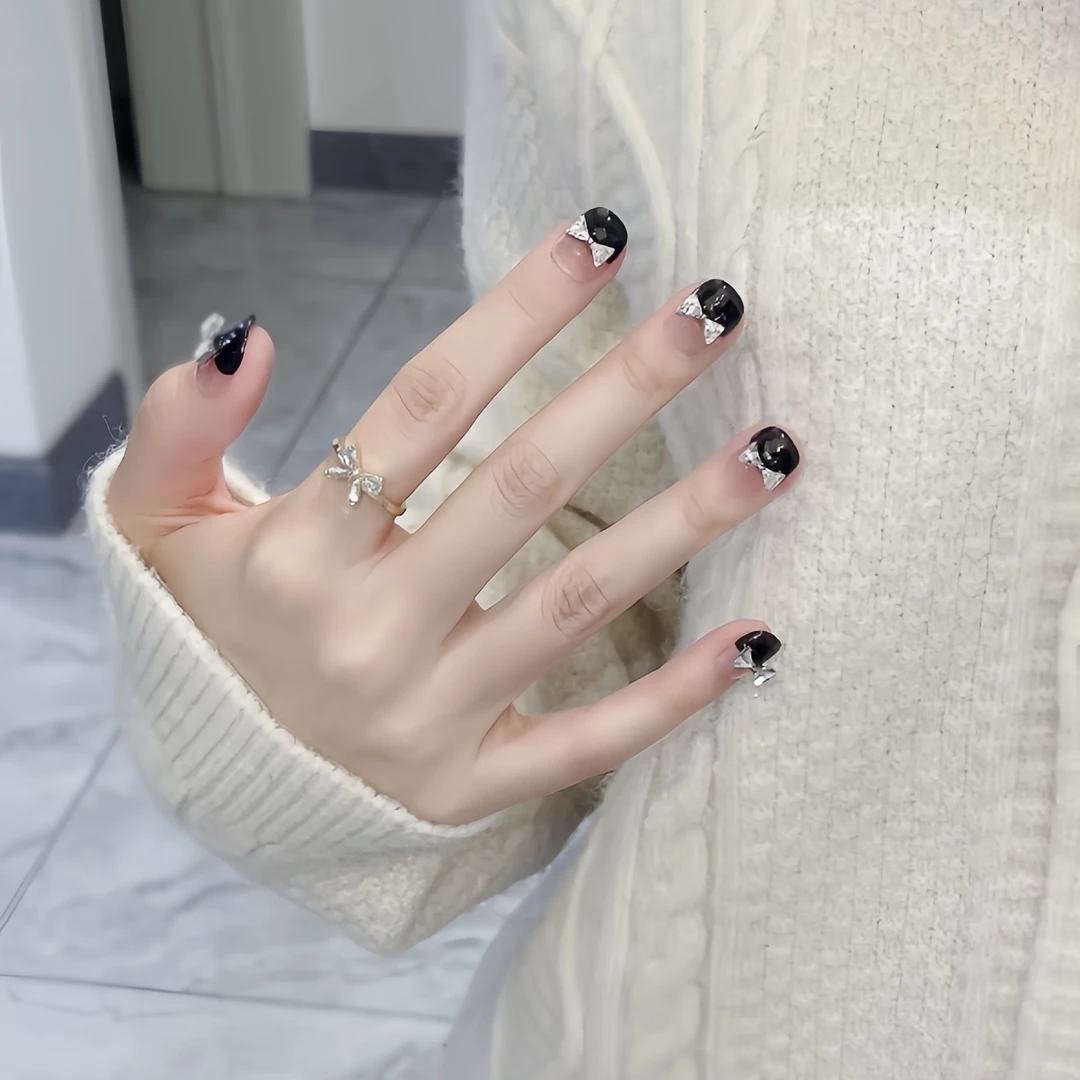 【7气质黑色红色法式穿戴甲片成品长款手工贴钻穿戴甲可拆卸感美甲