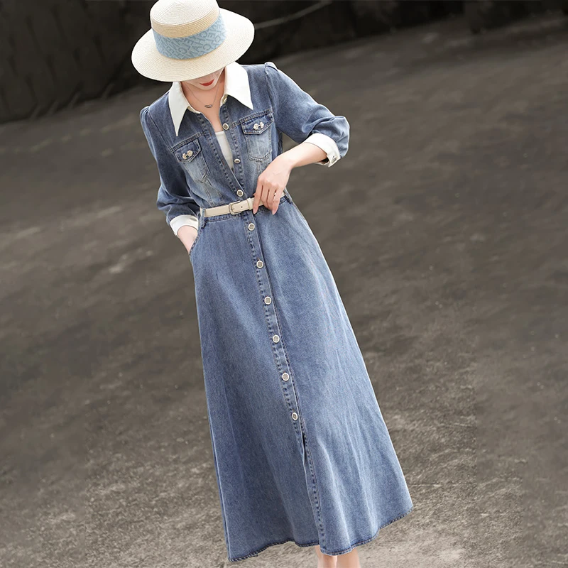 MEXCOCO/兰瑟儿春季气质通勤单排扣收腰牛仔连衣裙女105CL2360