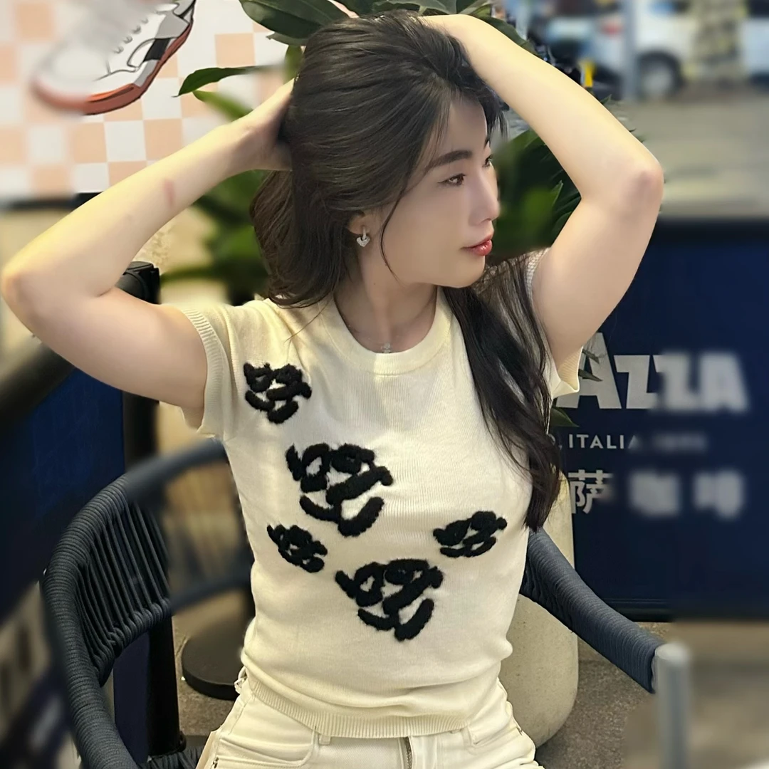 a02轻奢风提花薄款短袖花针织衫手工钩花宽松休闲修身针织衫夏季