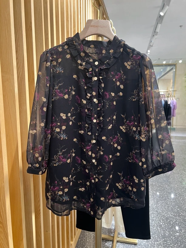 声雨竹1R301早秋新款木耳边纽扣七分袖宽松薄款印花小衫碎花衬衫