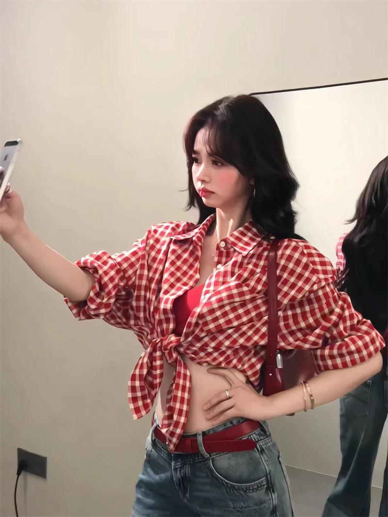 春夏季御姐独特绝美穿搭套装翻领显白格子衬衫上衣水洗裤子两件套