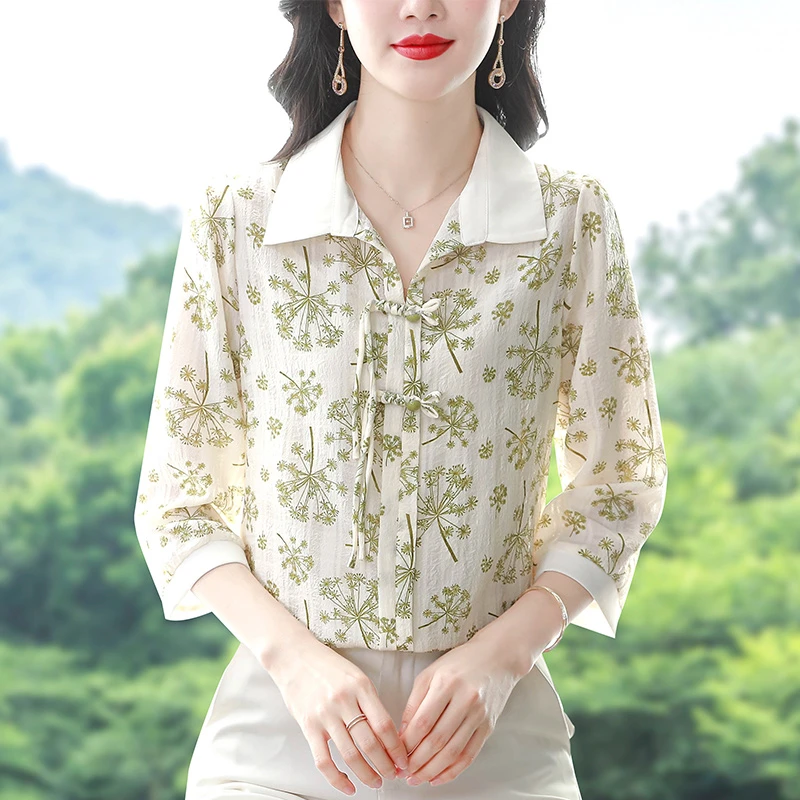 新中式盘扣七分袖雪纺衬衫女2025夏季时尚百搭女士薄款印花上衣
