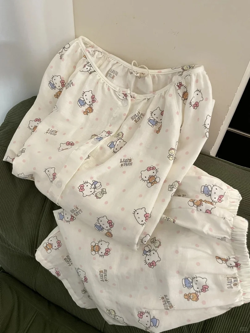 【甜美kitty】韩版可爱棉纱睡衣女春秋大码长袖套装舒适休闲家居服