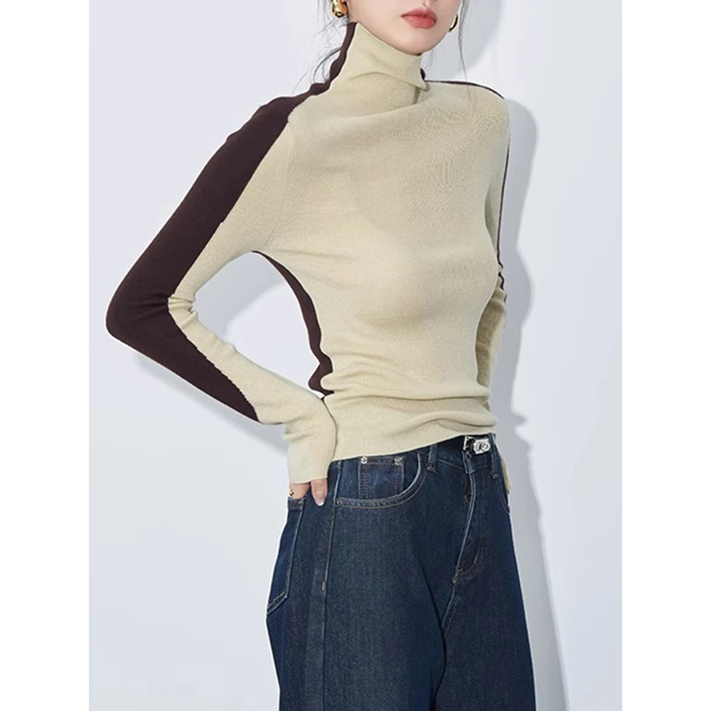 高级百搭气质撞色设计感女秋冬拼接内搭针织衫修身打底衫长袖上衣