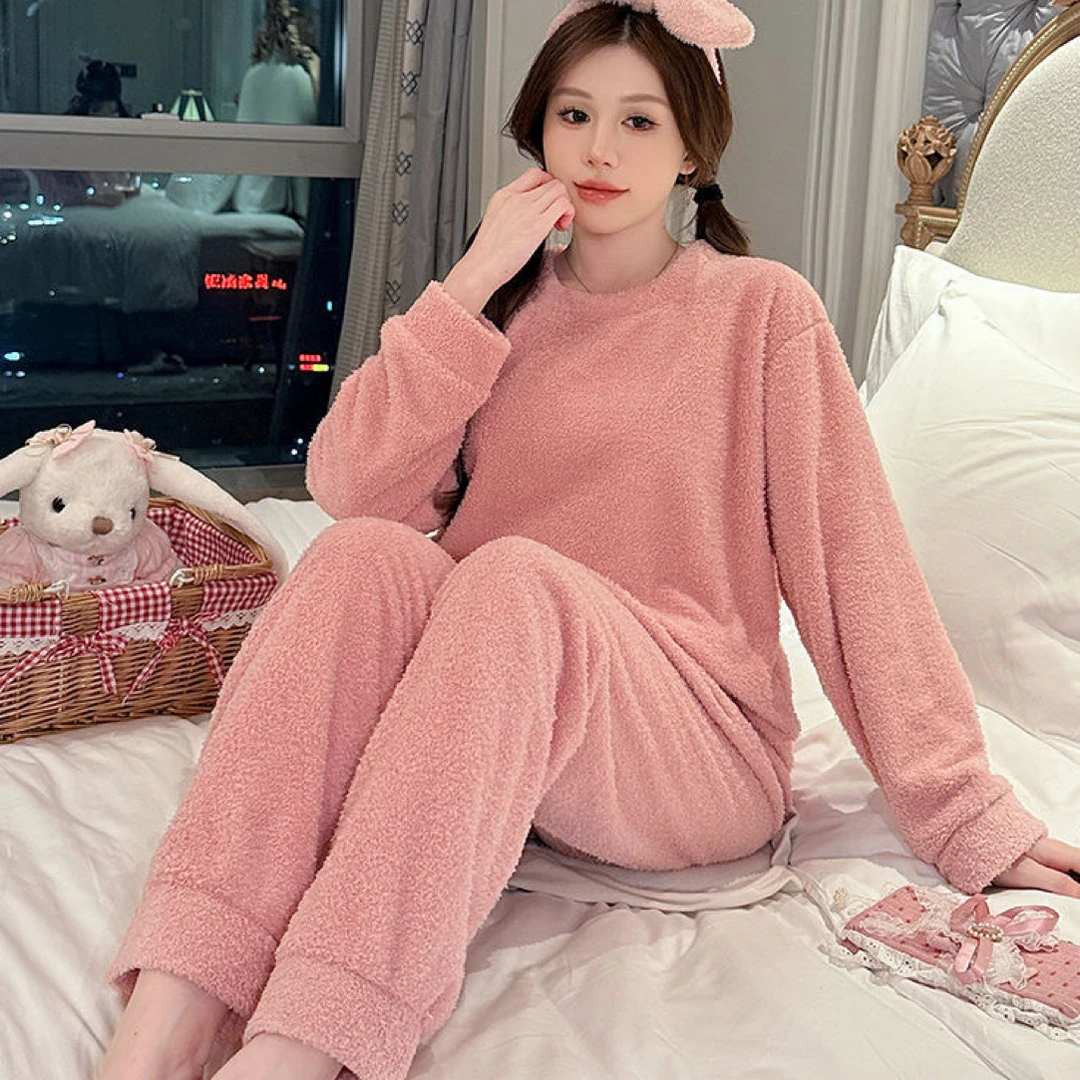 女士冬季加厚珊瑚绒甜美长袖长裤宽松家居服睡衣