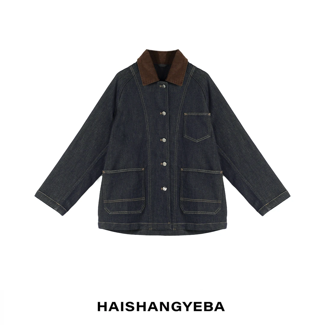 【海上叶爸】新款2025春秋百搭棉灯芯绒领厚款宽松牛仔外套