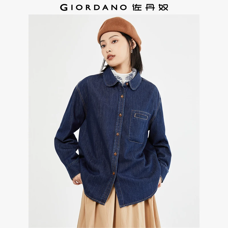 佐丹奴衬衫女装秋季水洗牛仔木扣口袋圆角翻领长袖衬衫18343617