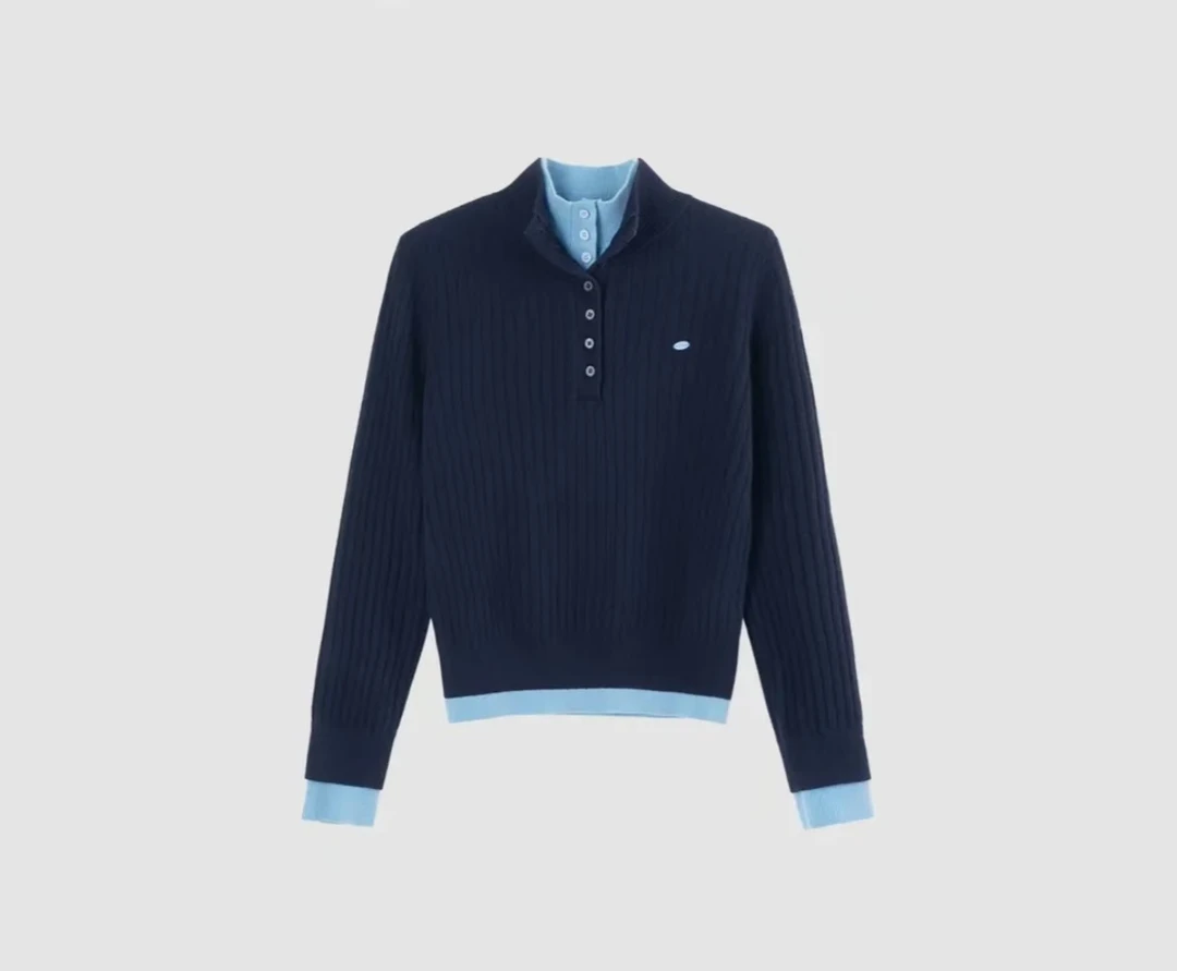 英伦风条纹拼接假两件针织衫2025冬款细节吸睛个性时髦靓丽风格