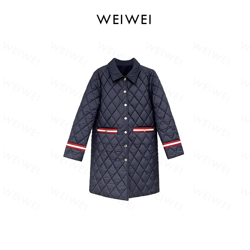 唯可哲撞色菱格翻领棉服秋冬加厚保暖休闲时尚复古格纹中长款外套