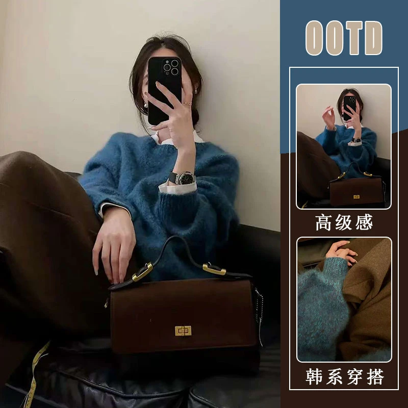 复古慵懒风蓝色圆领毛衣女秋冬季加厚温柔软糯针织衫慵懒风上衣潮
