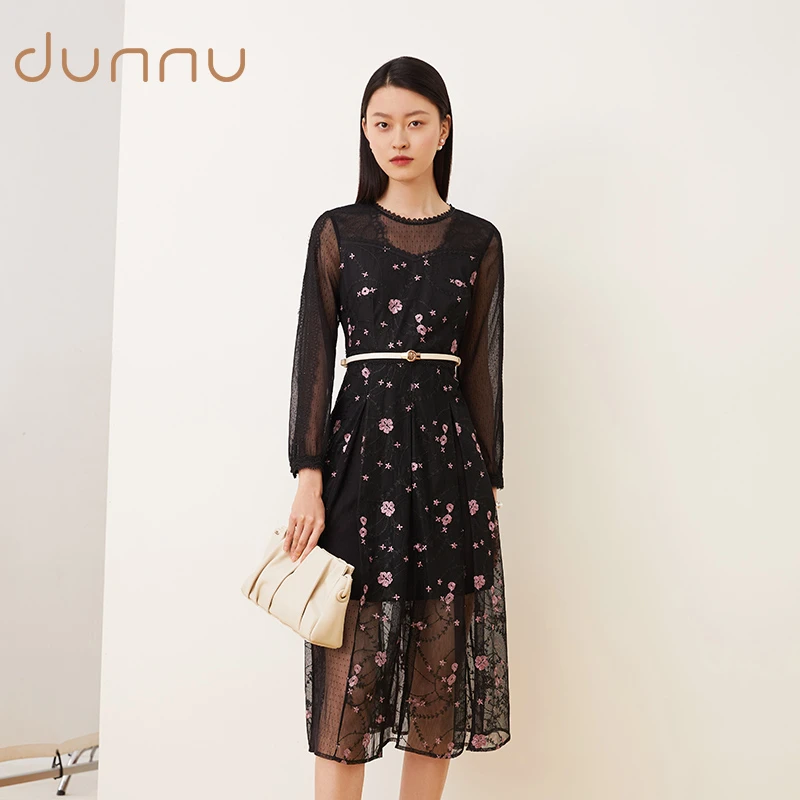 dunnu敦奴修身长款连衣裙碎花长裙DQ150132