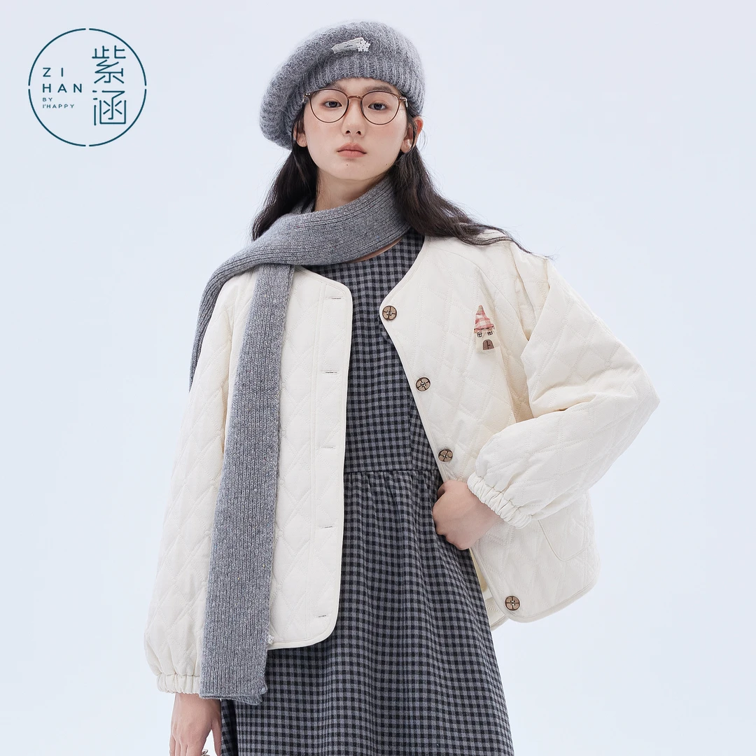 紫涵短款菱格圆领棉服外套女2025年冬季新款甜棉衣Z5Z10ZS430