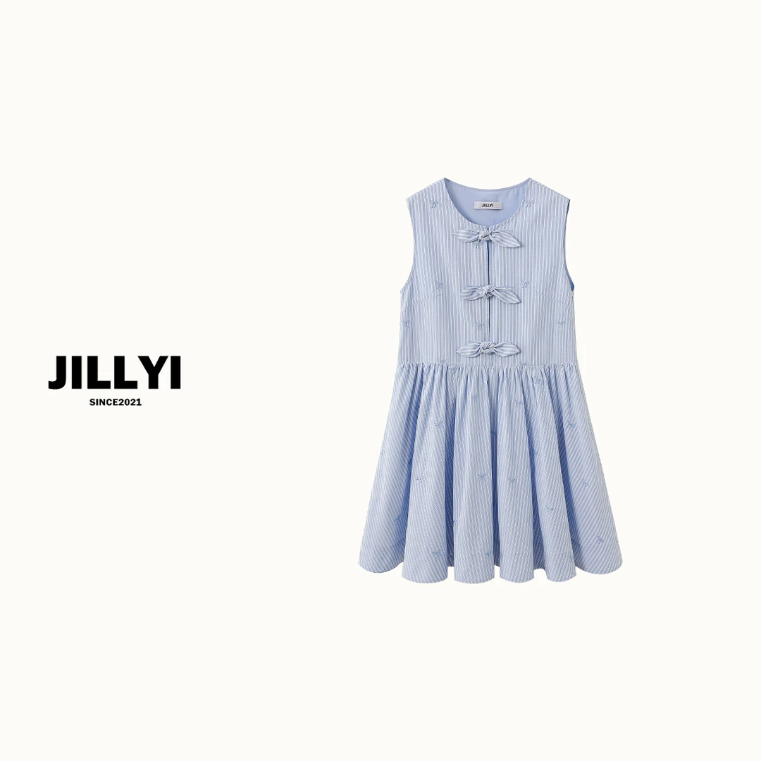 JILLYI南山店【蓝梦篇章】浅蓝色圆领夏装中长裙韩系风无袖条纹时尚