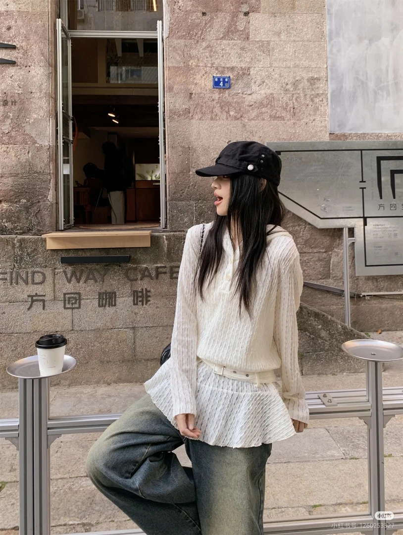 「Rainysonal雨季」镂空蕾丝荷叶边长袖针织衫小众连帽卫衣裙女春