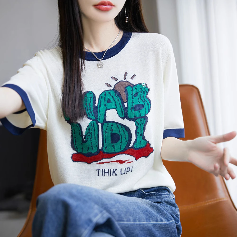 显瘦春夏新款减龄洋气短袖针织衫女装提花圆领T恤衫短款上衣百搭