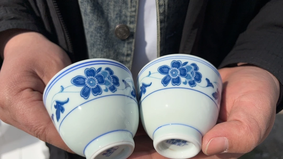 景德镇高温陶瓷影青红旗桃花对杯2只