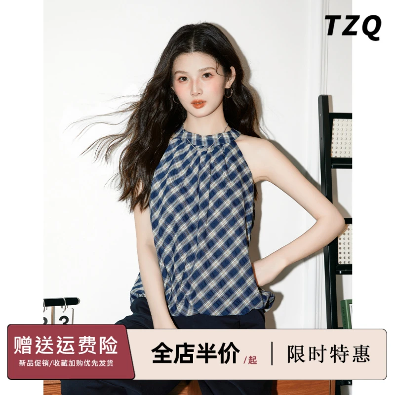 法式复古格纹爆款挂脖背心衬衫女夏季蓬蓬花苞无袖上衣TZQ2560214