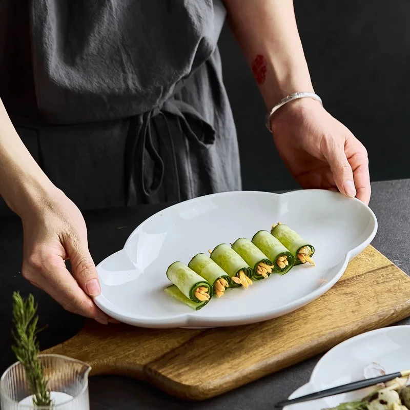 骨瓷白色轻奢高级感鱼盘家用蒸鱼盘子椭圆形菜盘深鱼盘酒店餐具