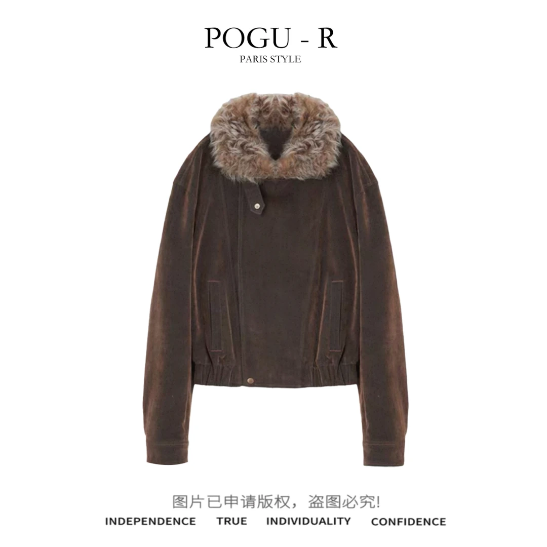 【PoGu】新款植绒牛仔可拆卸小湖羊毛领白鹅绒外套WT-997
